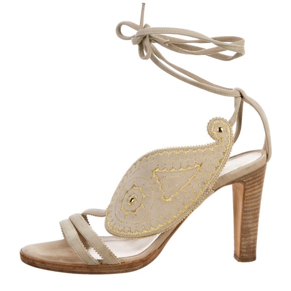 Hermes | Ivory Suede Paisley Boho Ankle Tie Sandal - Picture 1 of 10